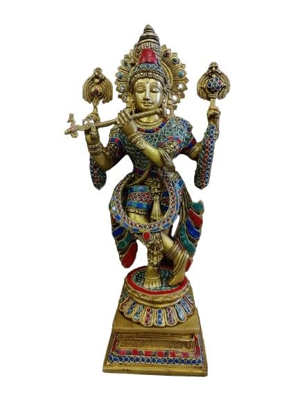 Brass with Stone Work krishana Statue Playing Flute Statue/Idol/showpiece/Gift Item